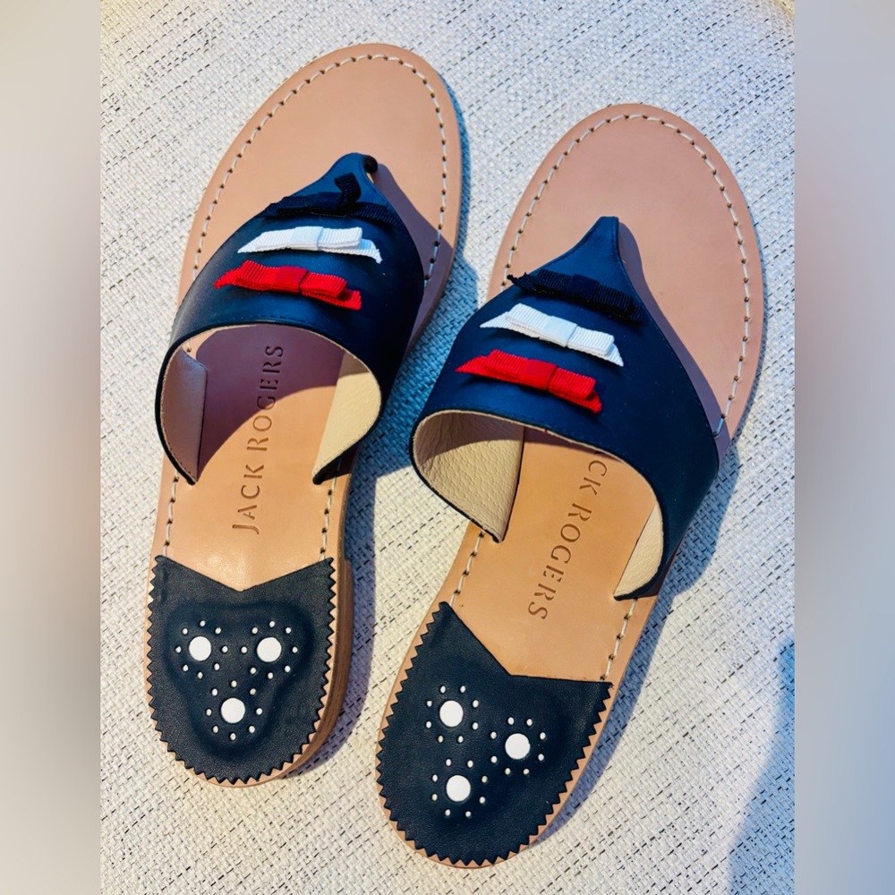 Jack Rogers Navy Sandals Size 9.5 Red White Blue Bow Leather Flat NWT - Picture 4 of 4